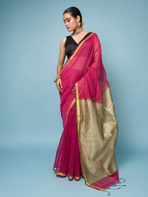 Crimson Red Cotton Blend Saree with Narrow Border 1