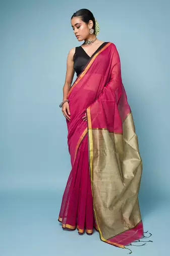 Crimson Red Cotton Blend Saree with Narrow Border