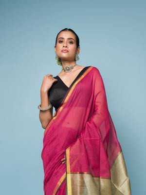 Crimson Red Cotton Blend Saree with Narrow Border 3