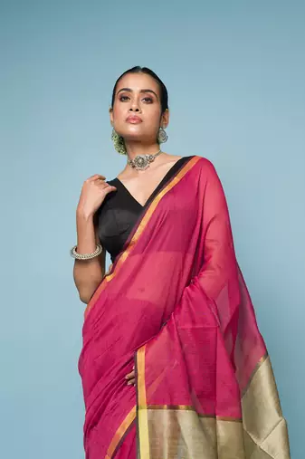 Crimson Red Cotton Blend Saree with Narrow Border