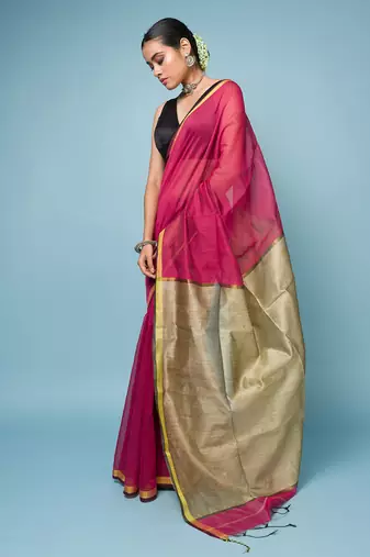 Crimson Red Cotton Blend Saree with Narrow Border