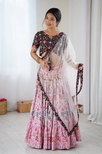 Elegant Multi-Color Floral Printed Rayon Lehenga Choli with Net Dupatta