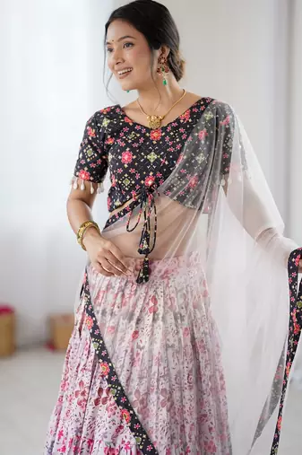 Elegant Multi-Color Floral Printed Rayon Lehenga Choli with Net Dupatta