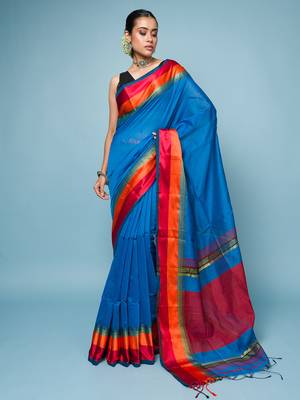 Blue Cotton Blended Saree With Wide Boarder 1