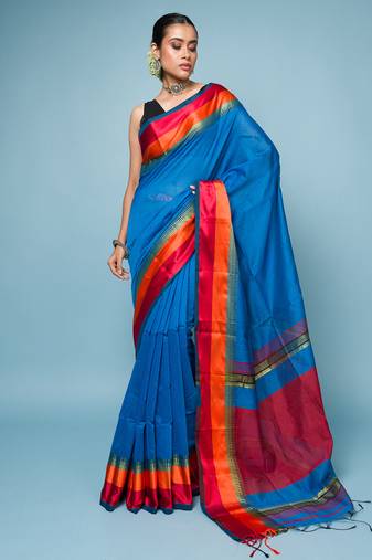 Blue Cotton Blended Saree With Wide Boarder