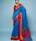 Blue Cotton Blended Saree With Wide Boarder