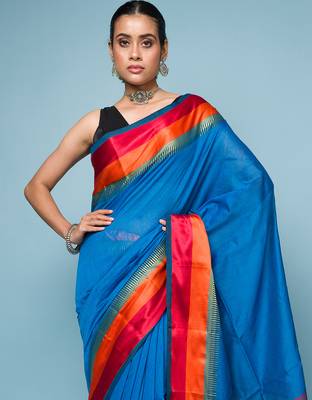 Blue Cotton Blended Saree With Wide Boarder 2