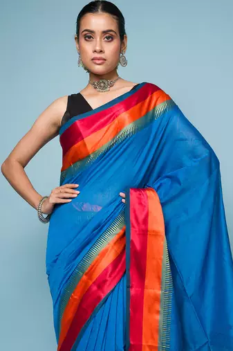 Blue Cotton Blended Saree With Wide Boarder