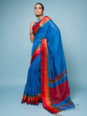 Blue Cotton Blended Saree With Wide Boarder 3