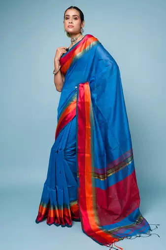 Blue Cotton Blended Saree With Wide Boarder