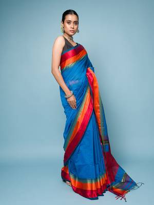 Blue Cotton Blended Saree With Wide Boarder 4
