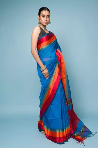 Blue Cotton Blended Saree With Wide Boarder