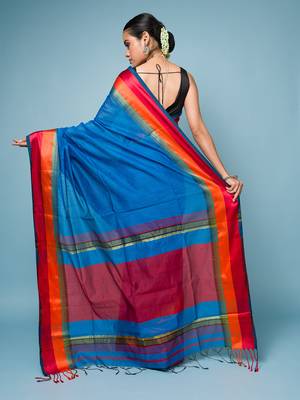 Blue Cotton Blended Saree With Wide Boarder 5