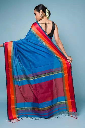 Blue Cotton Blended Saree With Wide Boarder