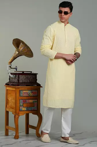 Mens stylish georgette sequins embroidery kurta pyjama
