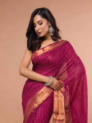 Wine Cotton Blended Saree with Golden Stripe 1