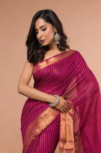 Wine Cotton Blended Saree with Golden Stripe