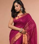 Wine Cotton Blended Saree with Golden Stripe
