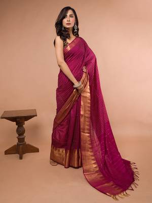 Wine Cotton Blended Saree with Golden Stripe 2