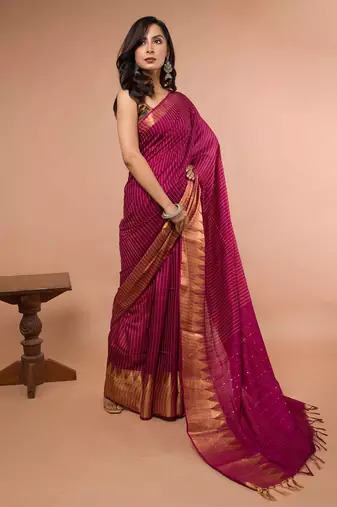 Wine Cotton Blended Saree with Golden Stripe