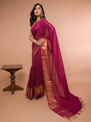 Wine Cotton Blended Saree with Golden Stripe 3