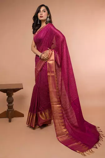 Wine Cotton Blended Saree with Golden Stripe