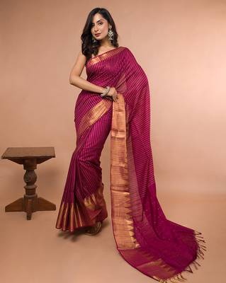 Wine Cotton Blended Saree with Golden Stripe 4