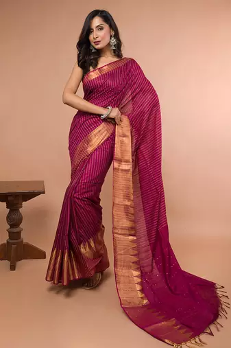 Wine Cotton Blended Saree with Golden Stripe
