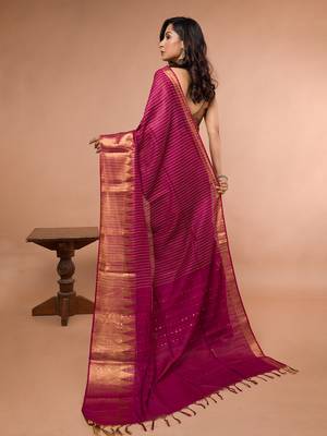 Wine Cotton Blended Saree with Golden Stripe 5