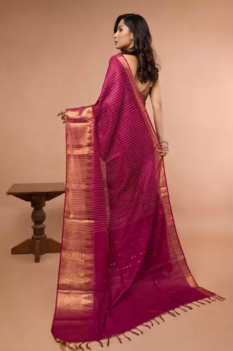 Wine Cotton Blended Saree with Golden Stripe
