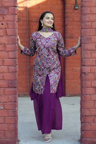 Wine silk embroidered Suit set