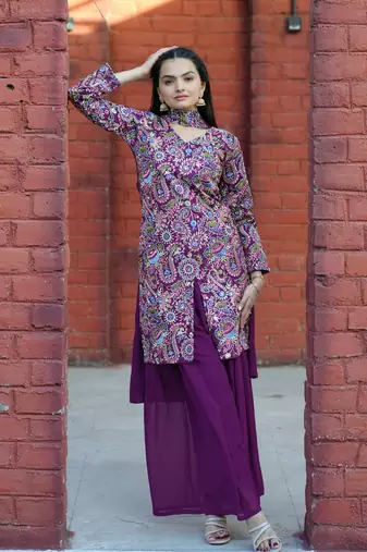 Wine silk embroidered Suit set