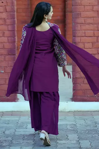 Wine silk embroidered Suit set