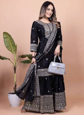 Black chinnon silk embroidery work Suit set 1