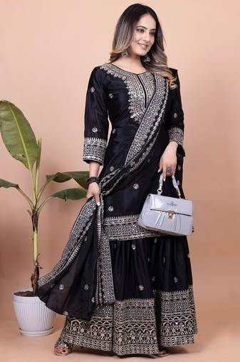 Black color chinnon silk embroidery work Suit set