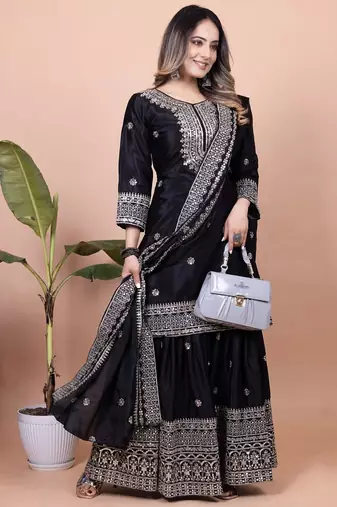 Black color chinnon silk embroidery work Suit set