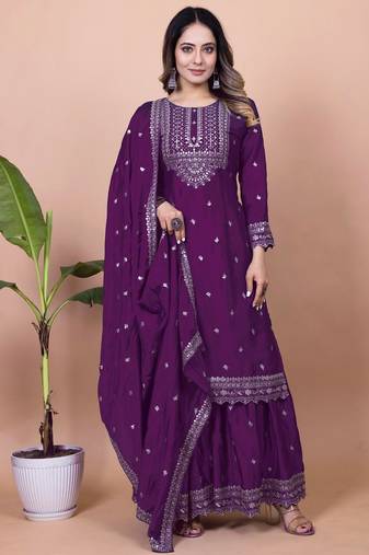 Wine color chinnon silk embroidery work Suit set