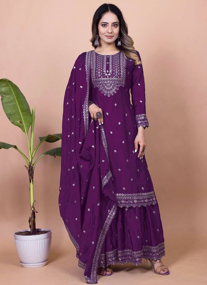 Wine color chinnon silk embroidery work Suit set