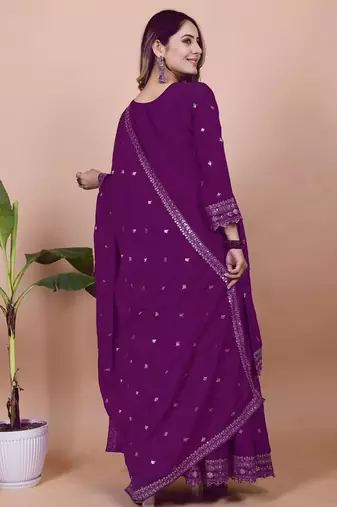 Wine chinnon silk embroidery work Suit set