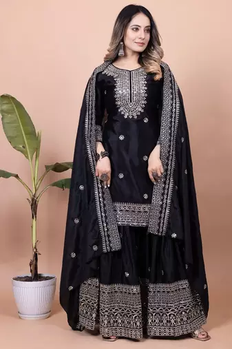 Black chinnon silk embroidery work Suit set