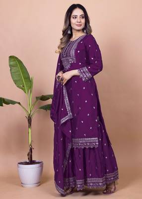 Wine chinnon silk embroidery work Suit set 3