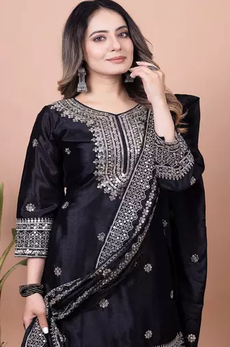 Black chinnon silk embroidery work Suit set