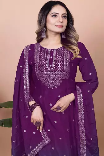 Wine chinnon silk embroidery work Suit set
