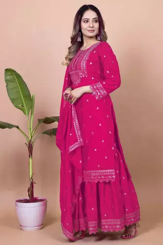 Pink chinon silk embroidery work Suit set