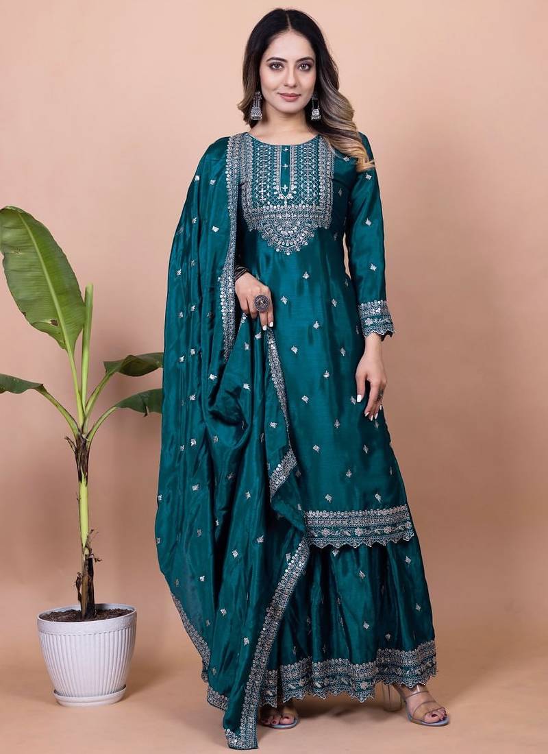 Morepich color chinnon silk embroidery work Suit set