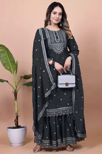 Black color chinnon silk embroidery work Suit set