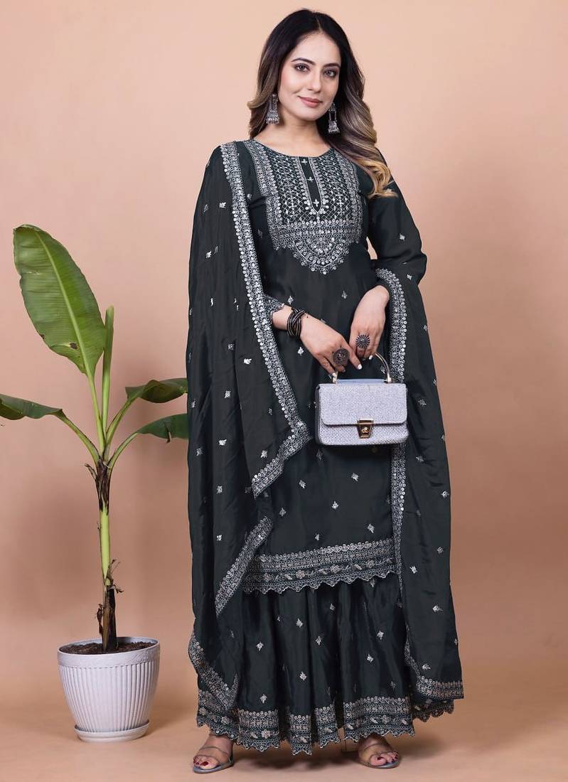 Black color chinnon silk embroidery work Suit set