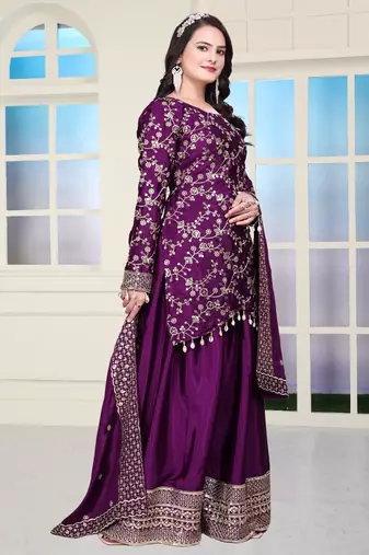 Wine color chinnon silk embroidery work Suit set