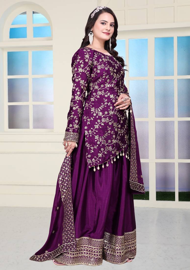 Wine color chinnon silk embroidery work Suit set