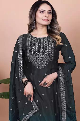 Black chinnon silk embroidery work Suit set